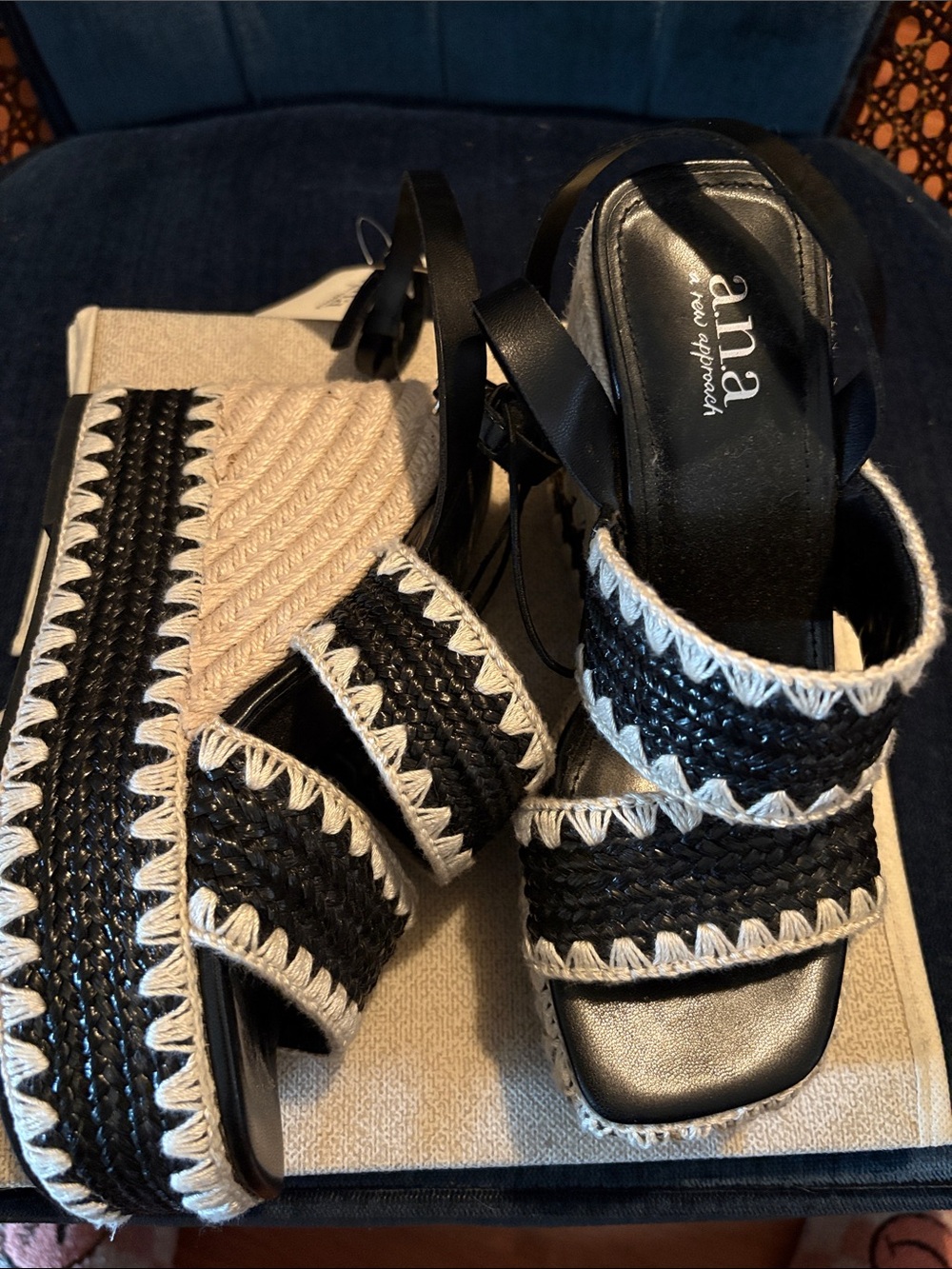 a.n.a Black and Cream Braided Platform Sandal with Ankle Tie